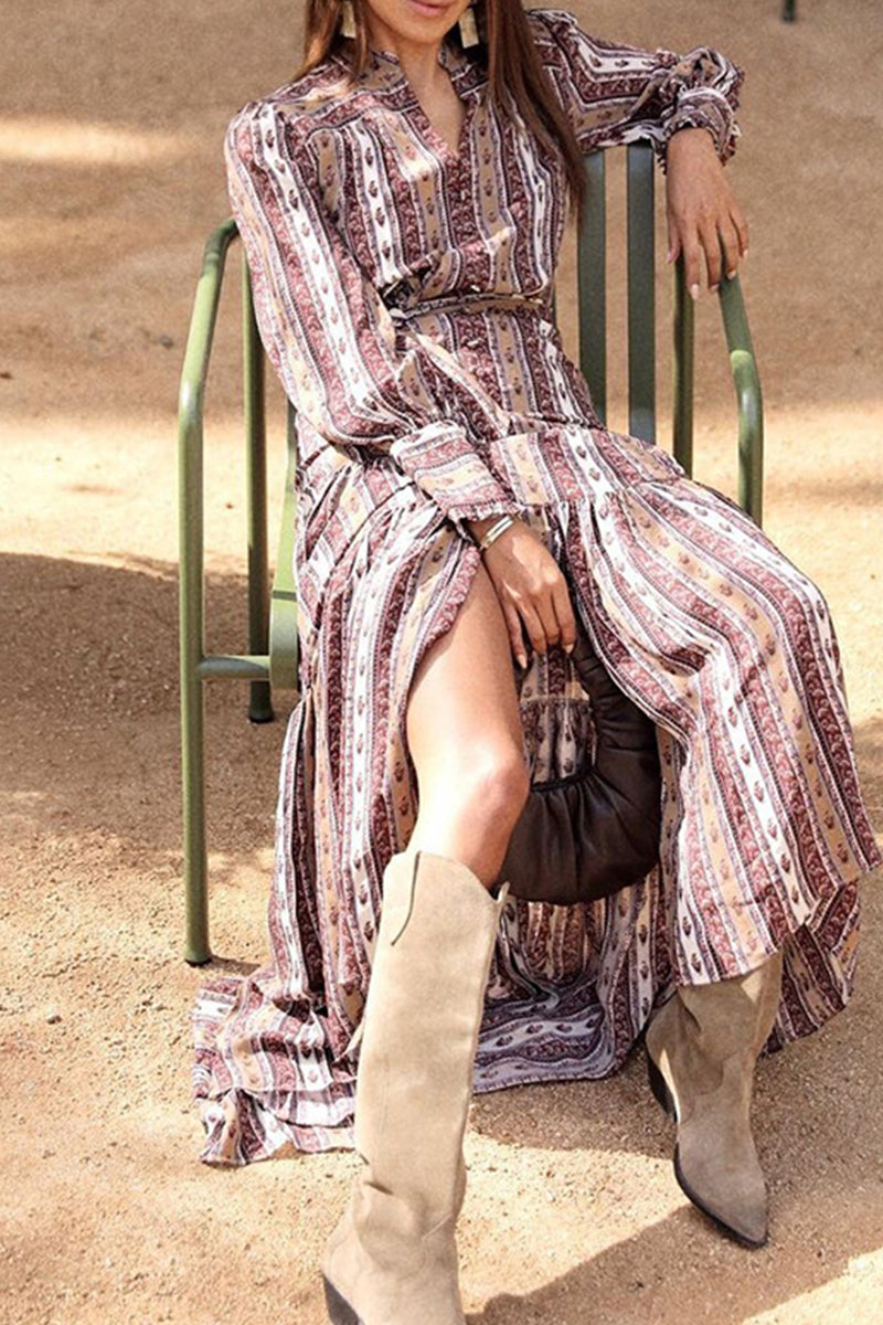 Stilla | Mode Stribet Patchwork Kjoler Med Ståkrave