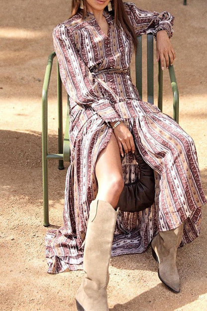 Stilla | Mode Stribet Patchwork Kjoler Med Ståkrave