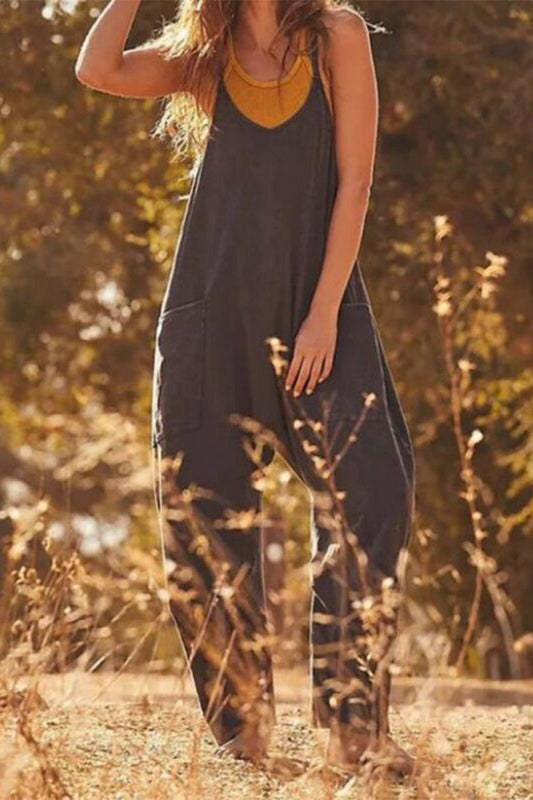Stilla | Gade Solid Farve V-hals Løse Jumpsuits
