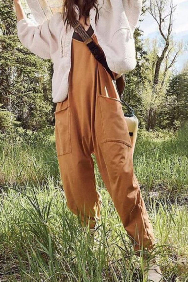 Stilla | Gade Solid Farve V-hals Løse Jumpsuits