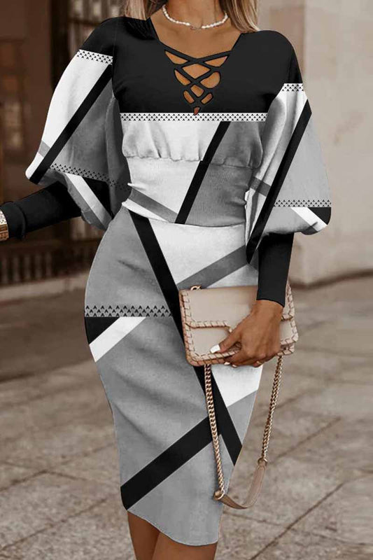 Stilla | Casual Trykt Patchworkkjoler Med V-hals og Lange Ærmer