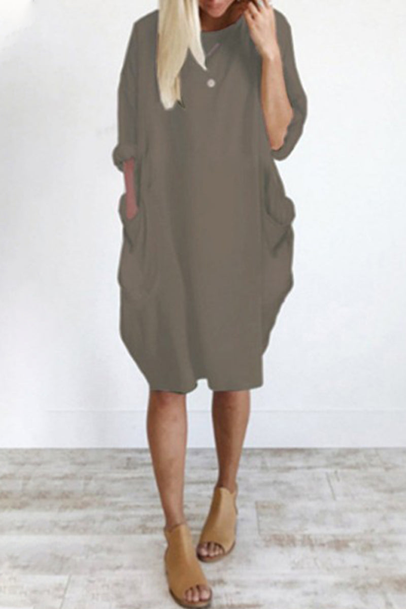 Stilla | Afslappet Ensfarvet O Hals Lange Ærmer Kjoler