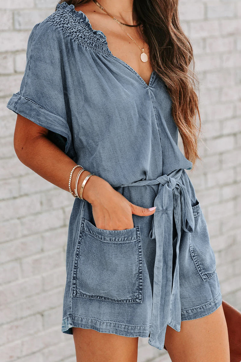 Stilla | Gade Solid Make Old V-hals Kort Ærme Høj Talje Løs Denim Jumpsuit