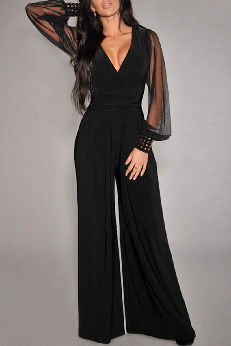 Stilla | Sexet Elegant Solid Nitter Patchwork V-hals Regular Jumpsuits