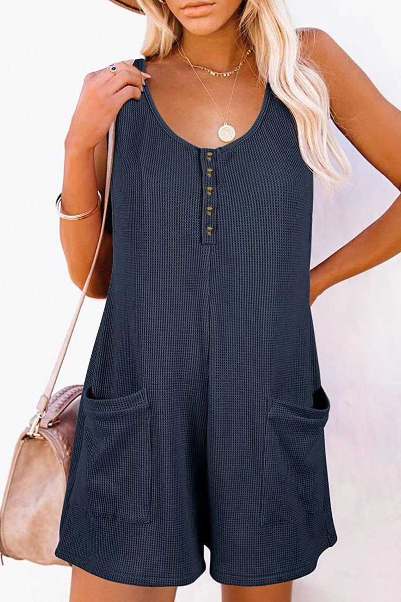 Stilla | Afslappet Street Solid Pocket Knapper V-hals Løs Jumpsuit