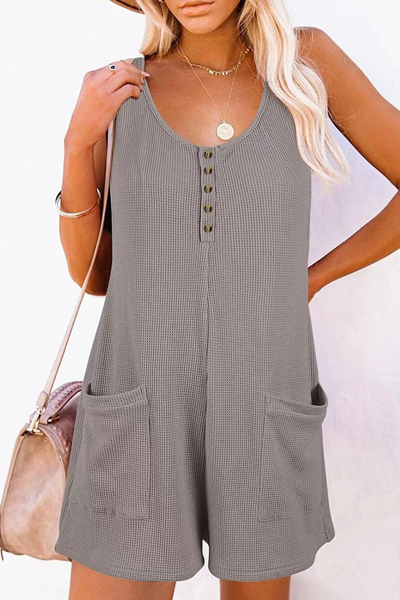 Stilla | Afslappet Street Solid Pocket Knapper V-hals Løs Jumpsuit