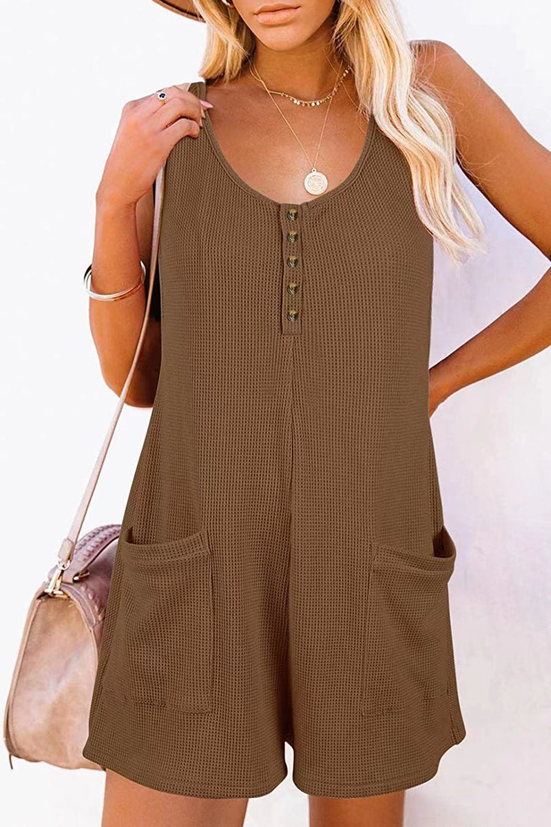 Stilla | Afslappet Street Solid Pocket Knapper V-hals Løs Jumpsuit
