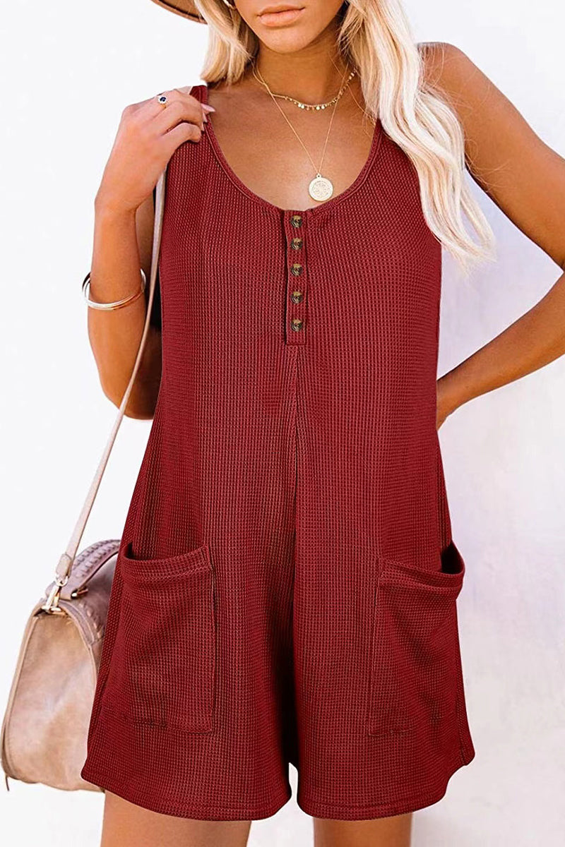 Stilla | Afslappet Street Solid Pocket Knapper V-hals Løs Jumpsuit