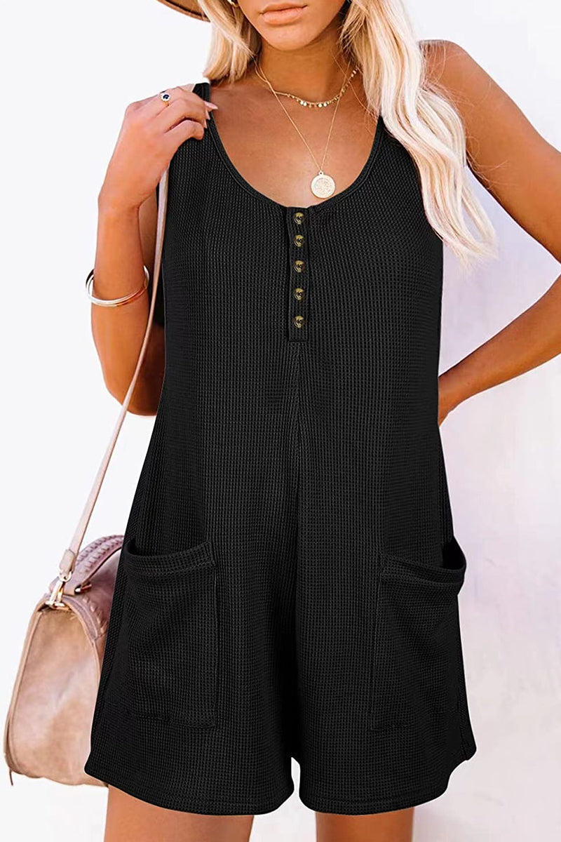 Stilla | Afslappet Street Solid Pocket Knapper V-hals Løs Jumpsuit