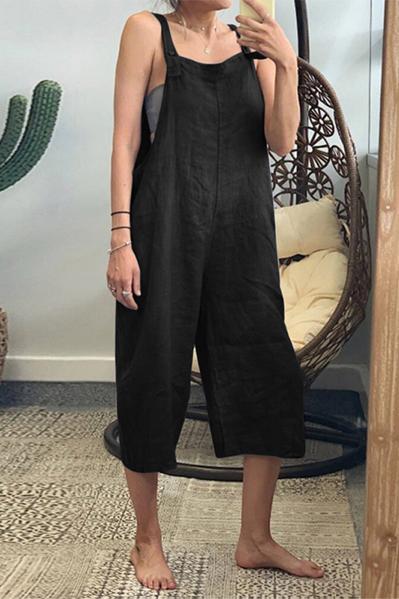 Stilla | Afslappet Simplicitet Solid Patchwork Kvadratisk Krave Løs Jumpsuit