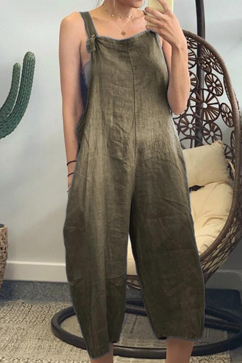Stilla | Afslappet Simplicitet Solid Patchwork Kvadratisk Krave Løs Jumpsuit