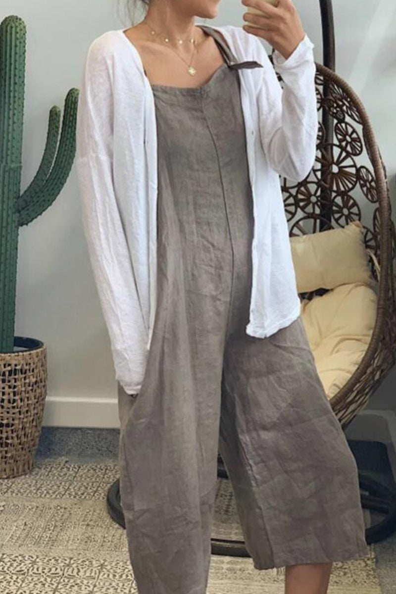 Stilla | Afslappet Simplicitet Solid Patchwork Kvadratisk Krave Løs Jumpsuit