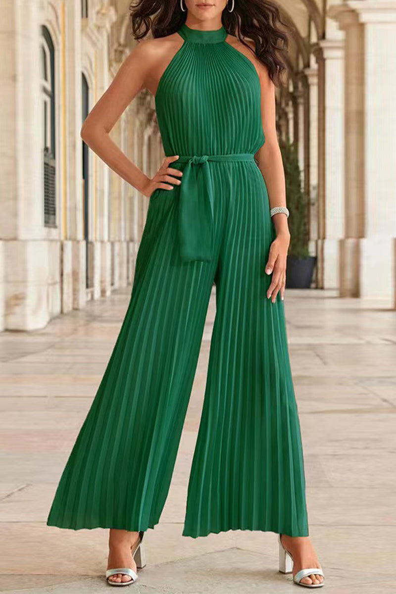 Stilla | Afslappet Simplicity Solid Frenulum Fold Halter Loose Jumpsuits