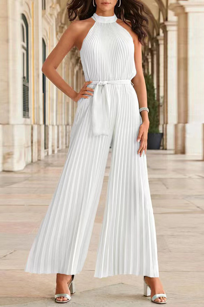Stilla | Afslappet Simplicity Solid Frenulum Fold Halter Loose Jumpsuits