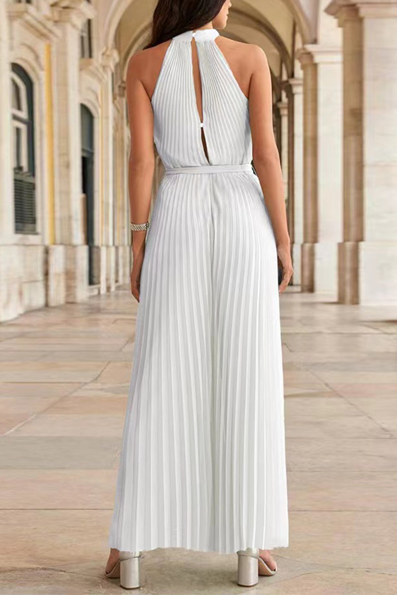 Stilla | Afslappet Simplicity Solid Frenulum Fold Halter Loose Jumpsuits