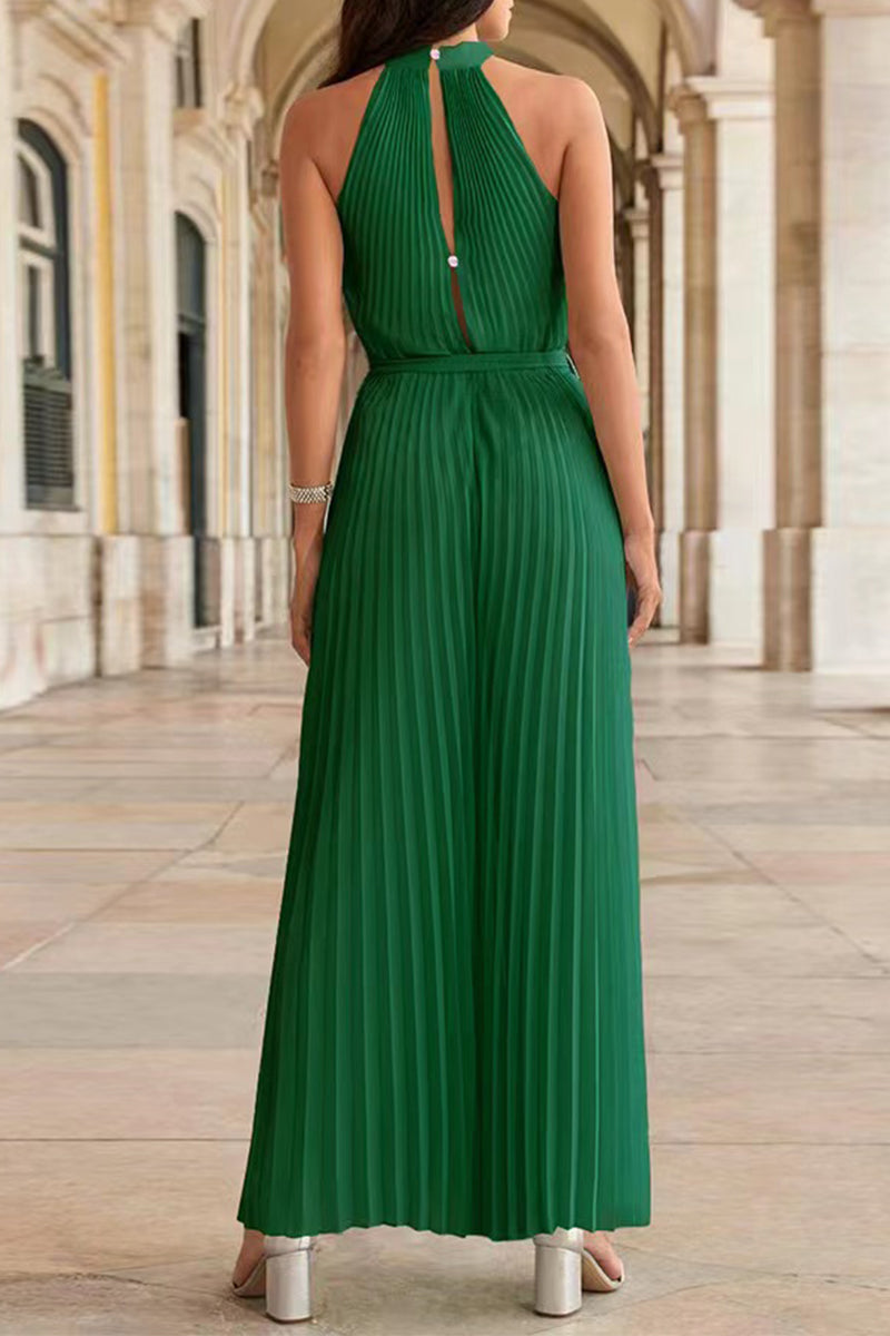 Stilla | Afslappet Simplicity Solid Frenulum Fold Halter Loose Jumpsuits