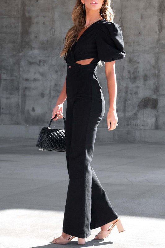 Stilla | Afslappet Street Solid Ripped V-hals Korte Ærmer Regular Denim Jumpsuits