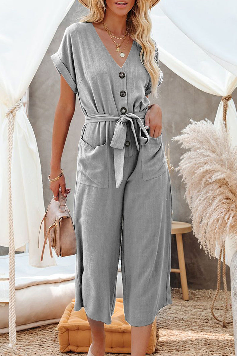 Stilla | Afslappet Solid Pocket Frenulum Buckle V-hals Jumpsuits