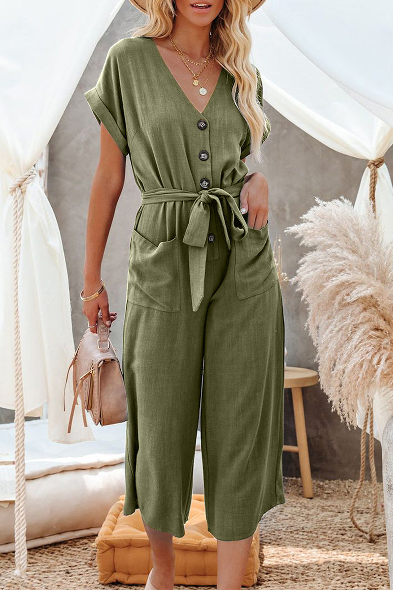 Stilla | Afslappet Solid Pocket Frenulum Buckle V-hals Jumpsuits