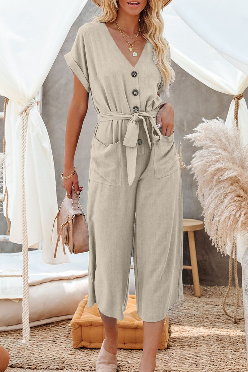 Stilla | Afslappet Solid Pocket Frenulum Buckle V-hals Jumpsuits