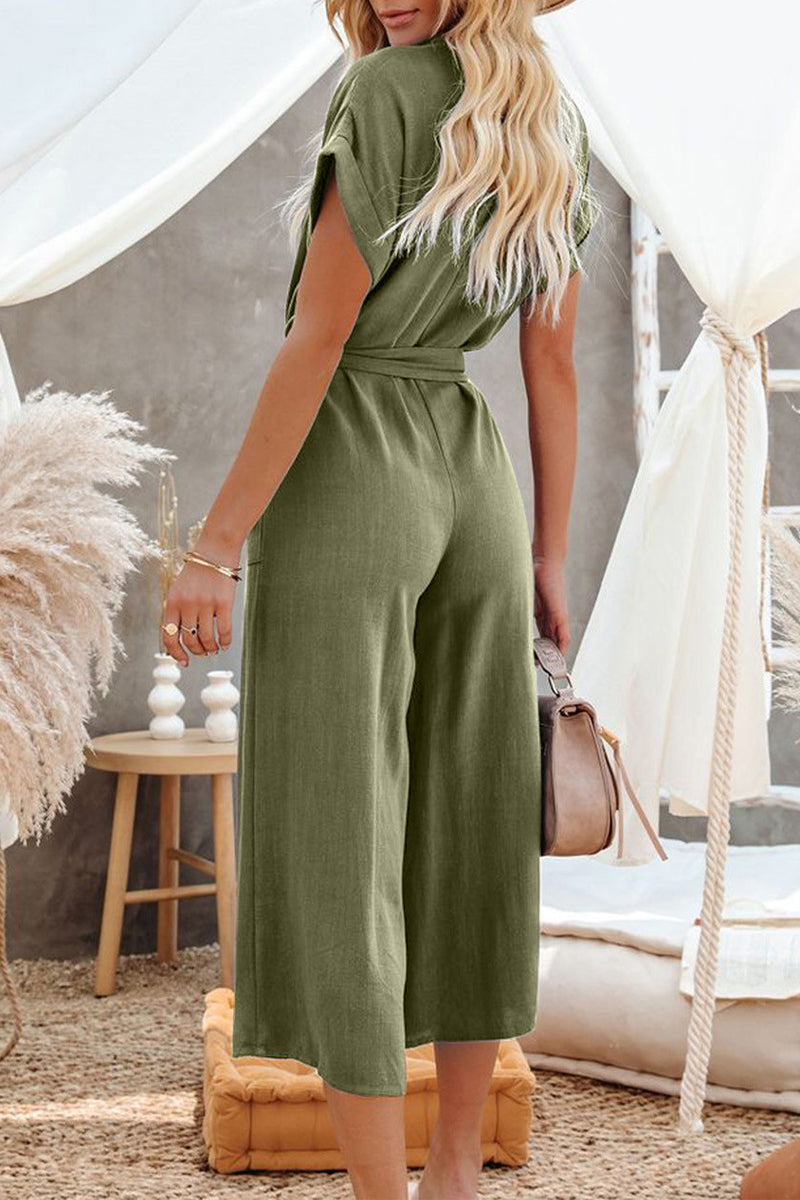 Stilla | Afslappet Solid Pocket Frenulum Buckle V-hals Jumpsuits
