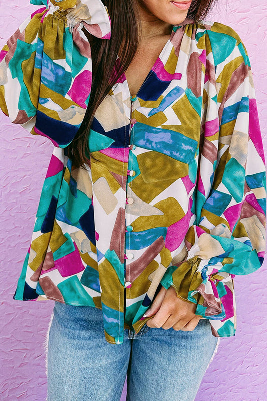 Stilla | Afslappet Arbejde Print Patchwork V-hals Bluser