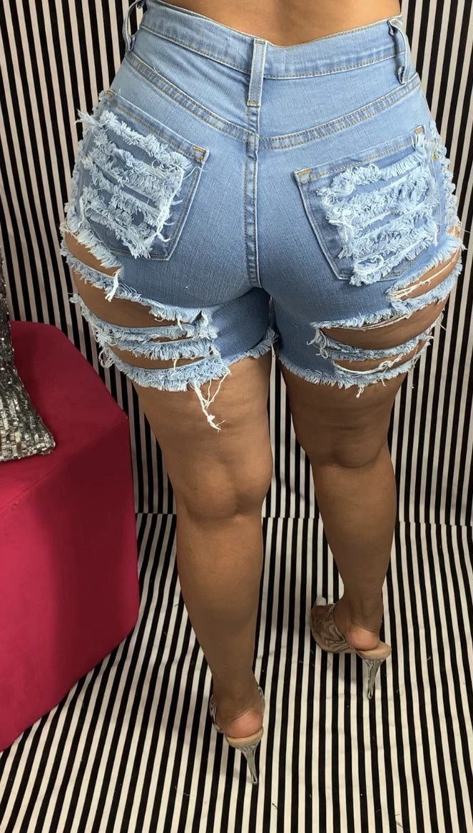 Dame Destroyed Denim-Shorts med sidelæns Cut-Outs og høj talje Stilla