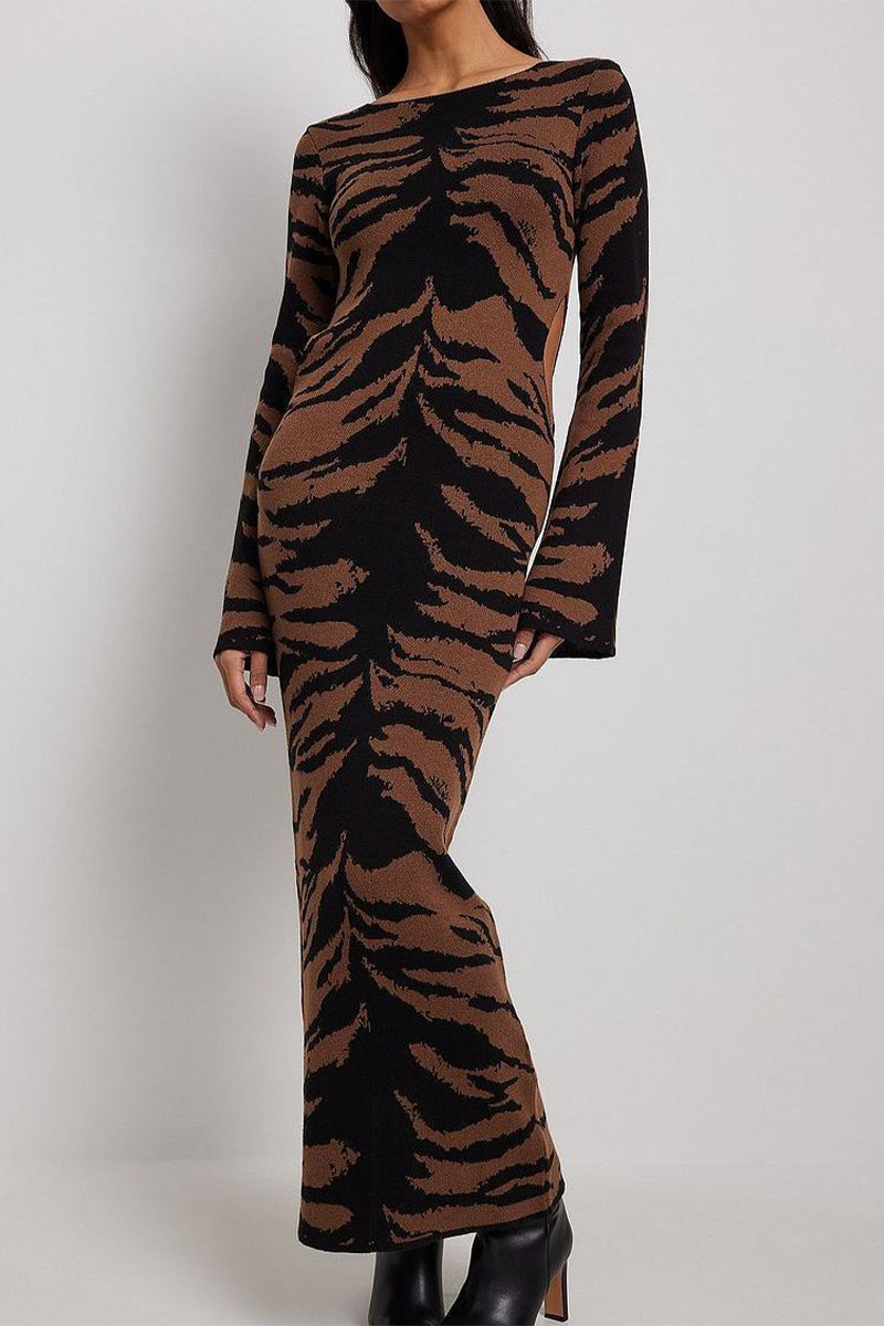 Stilla | Vintagestræde Leopard Jacquard Tårstof Rundhalset Blyantskørt Kjoler