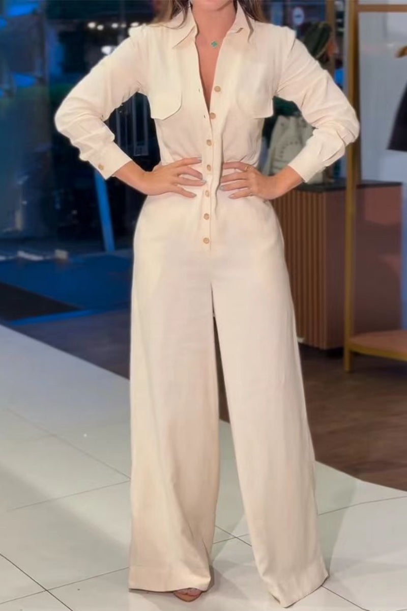 Stilla | Regelmæssige Casual Enfarvede Jumpsuits Med Omslag Krave og Lommer