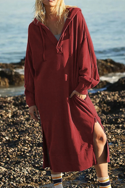 Stilla | Casual Langærmede Kjoler Med Slidetaske Og Hætte.