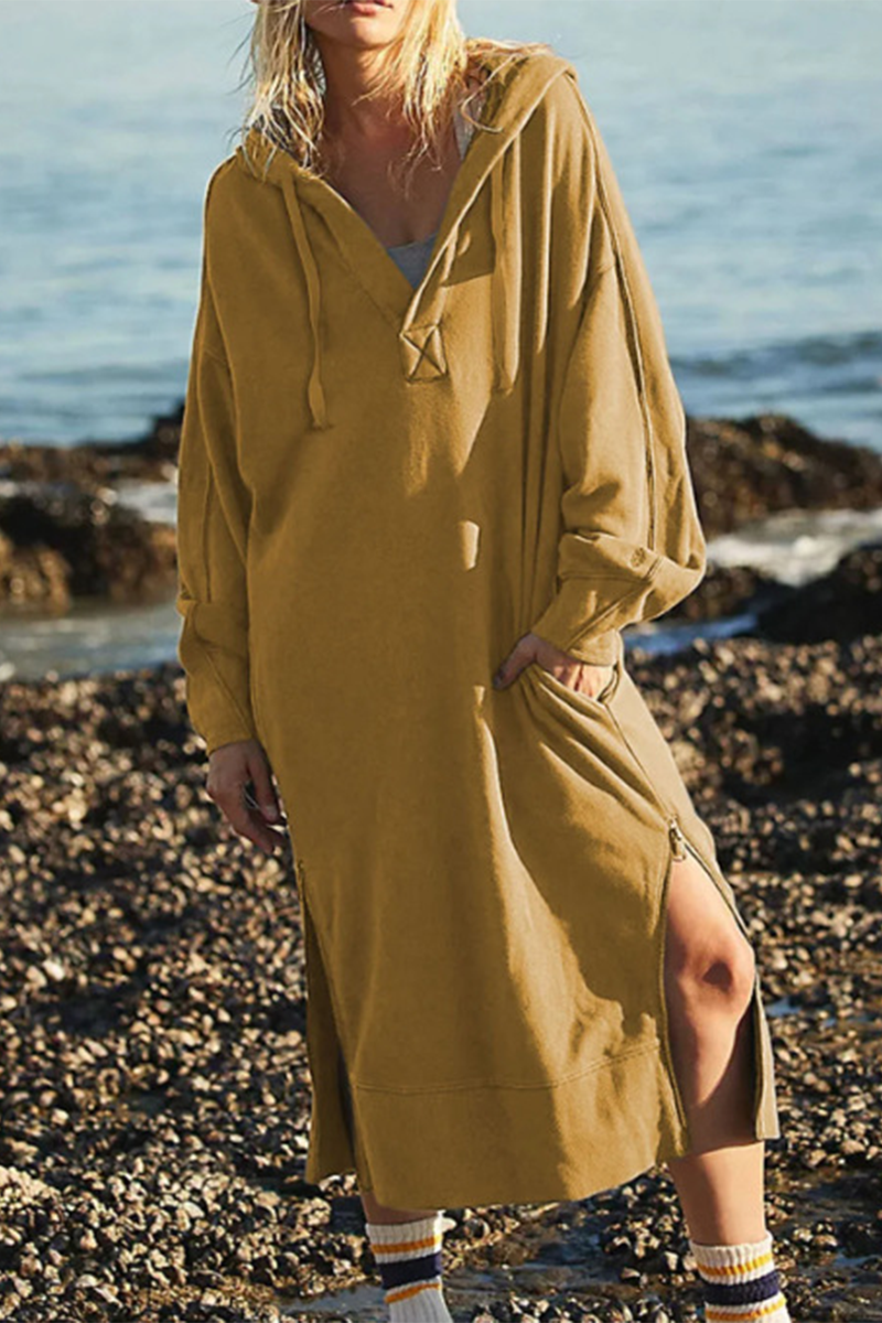 Stilla | Casual Langærmede Kjoler Med Slidetaske Og Hætte.