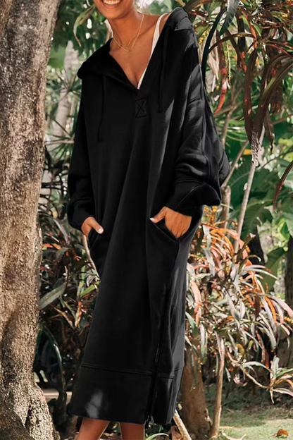 Stilla | Casual Langærmede Kjoler Med Slidetaske Og Hætte.