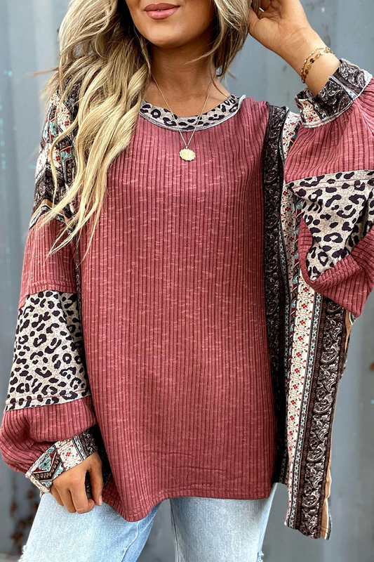 Stilla | Casual Rundhalstrøjer med striber og kontrast patchwork leopard