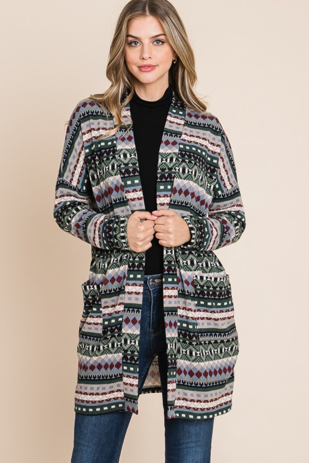 Stilla | Geometrisk Åben Front Langærmet Cardigan med Lommer