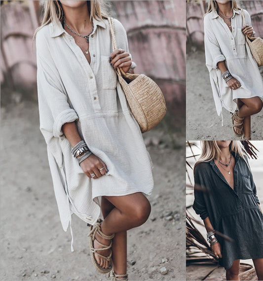 Dame afslappet skjortekjole med praktiske lommer og figursyet snit Stilla