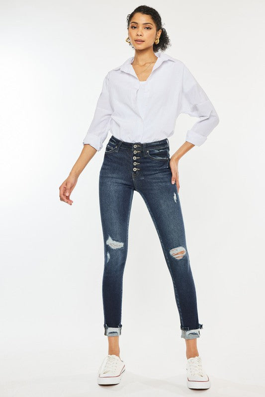 Stilla | Rise Knap Ned Cuffed Anklen Skinny Jeans