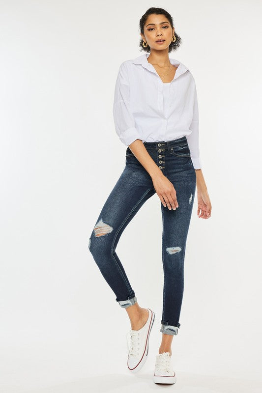 Stilla | Rise Knap Ned Cuffed Anklen Skinny Jeans