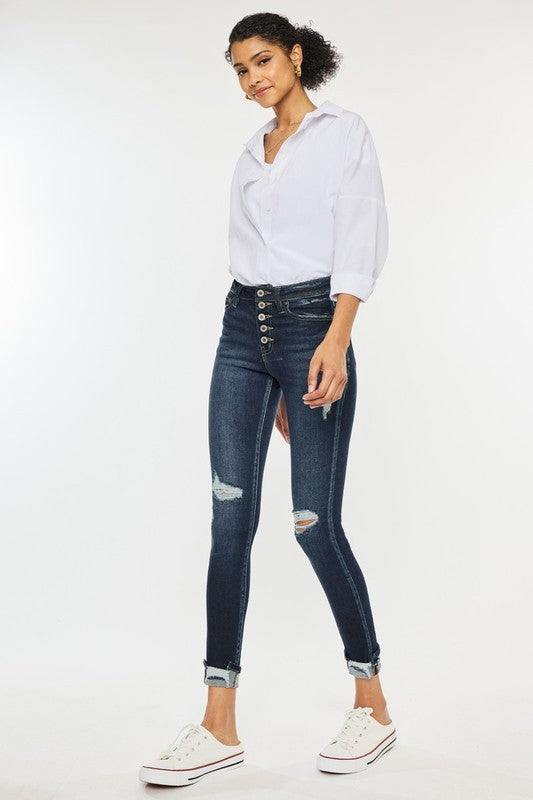 Stilla | Rise Knap Ned Cuffed Anklen Skinny Jeans