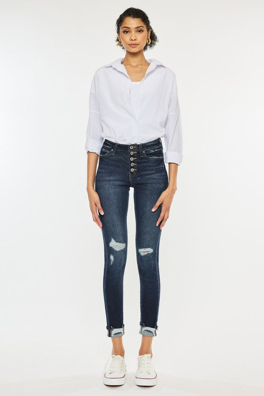 Stilla | Rise Knap Ned Cuffed Anklen Skinny Jeans