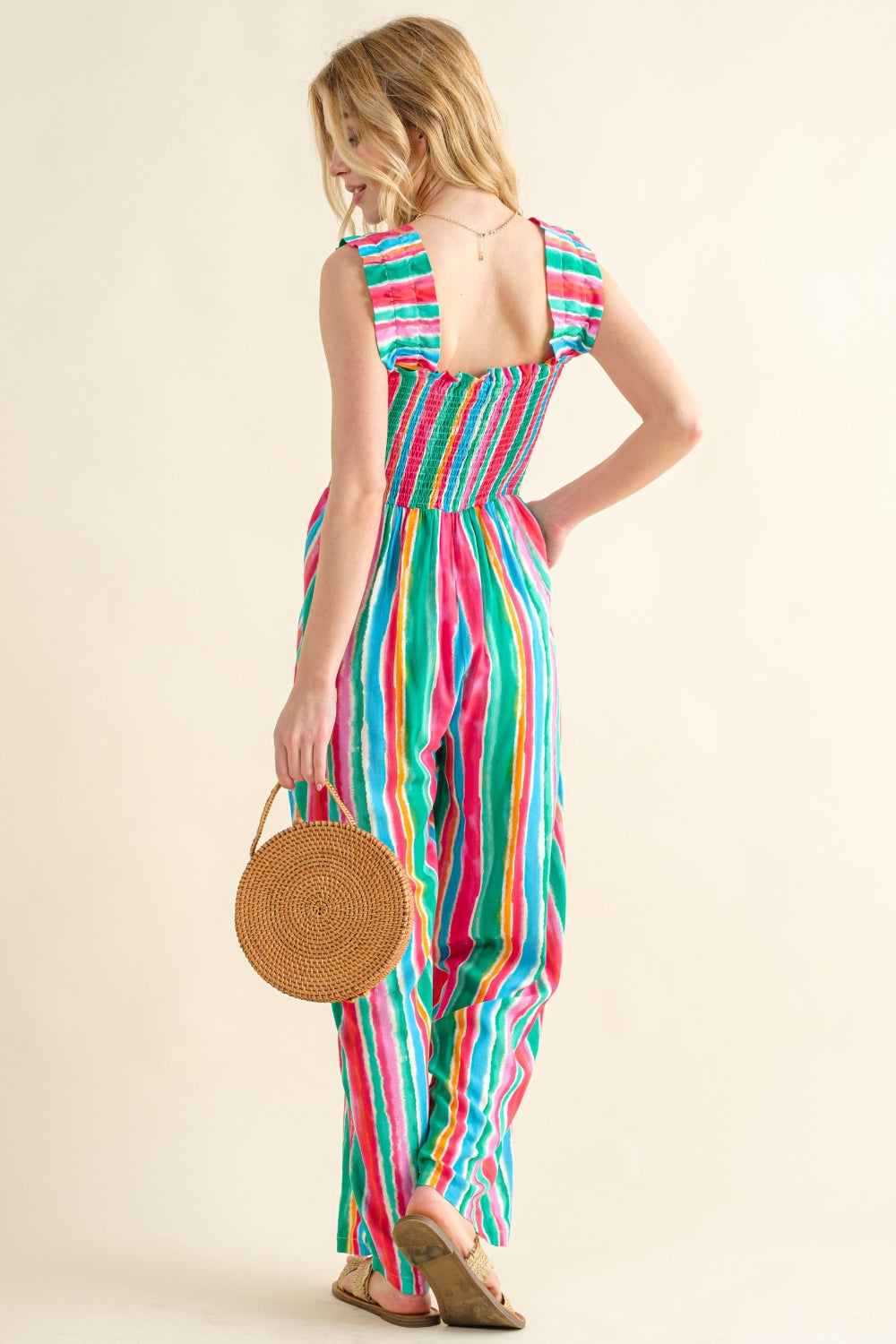 Stilla | the Why Full Size Striped Smocked Sleeveless Jumpsuit