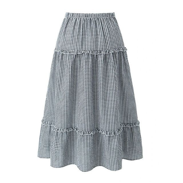 Stilla | lagdelt gingham midiskirt med flæsedetaljer