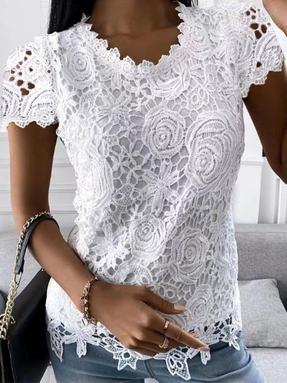 Stilla | Mode Kortærmet Blonde Rund Hals Top