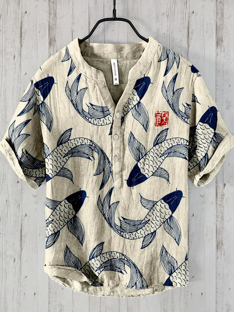 Stilla | Vintage Fisk Skjorte i Japansk Kunst i Hørblanding