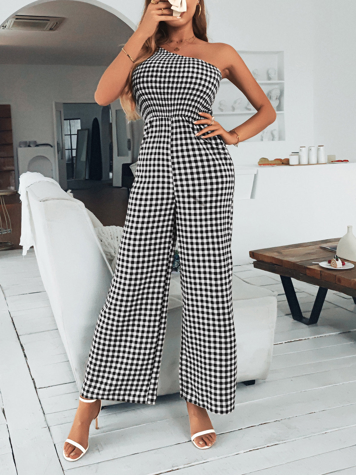 Stilla | Mode Ærmeløs Off Shoulder Trykt Bred Ben Jumpsuit