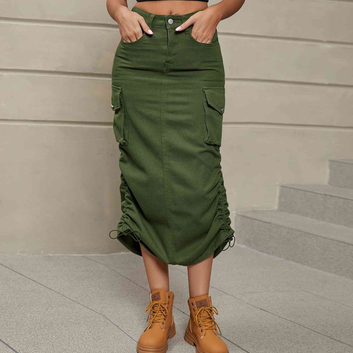Stilla | Rynket Slids Denim Midi Nederdel