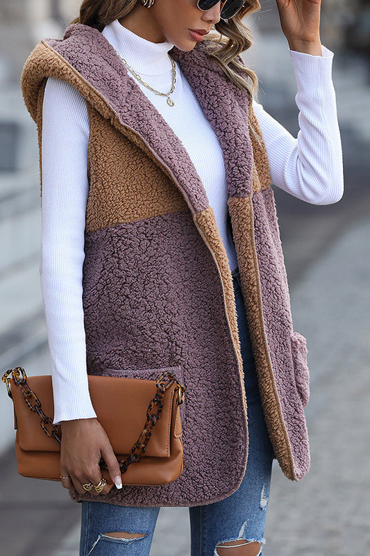 Stilla | Ærmeløs Colorblock-løsning Mid-Length Cardigan Puff-velours-jakke