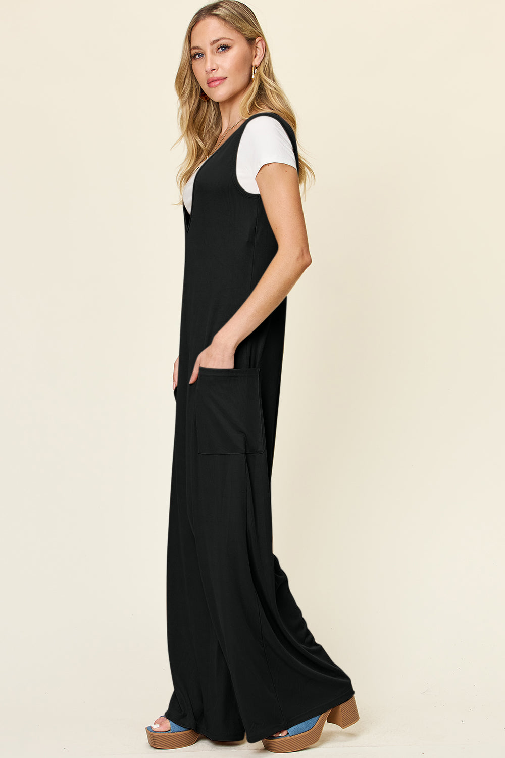 Stilla | Tag Full Size Ærmeløs Bred Ben Jumpsuit Med Lommer