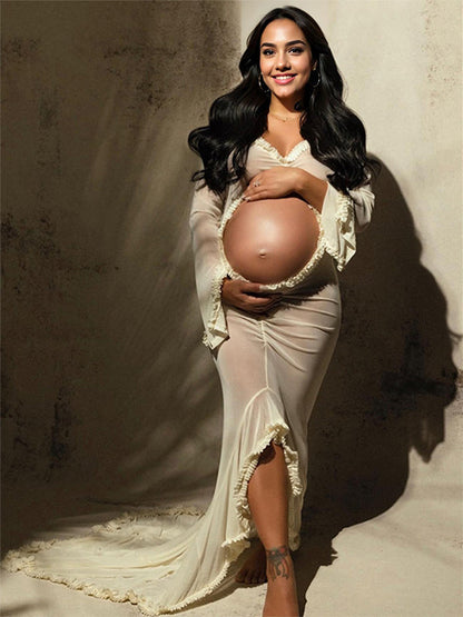 Stilla | Hvid Elfenben Elegante Gennemsigtig Flæser Slids V-hals Fishtail Maxi Fotografi Graviditet Kjoler