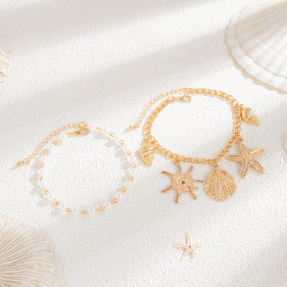 2 stk. Skalmusling Søstjerne Charms Perlekæde Ankel Sæt