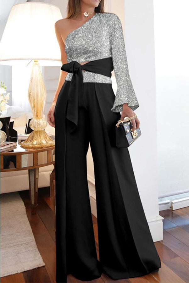 Stilla | Queendom Metallic Farve Print One Shoulder Jumpsuit